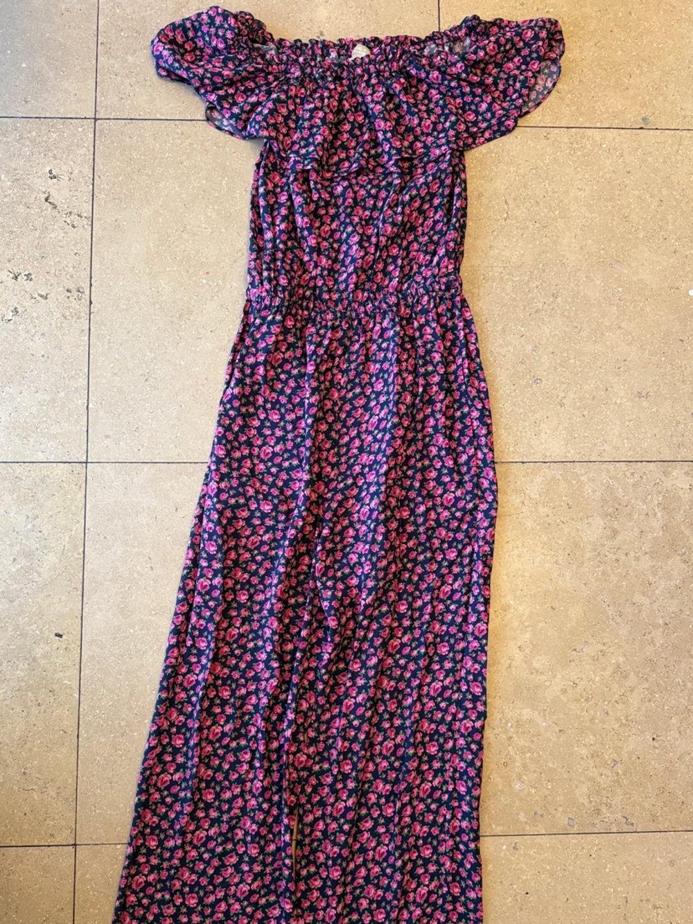 Michael Kors Collection Navy Off-Shoulder Jumpsuit with Pink Floral Print